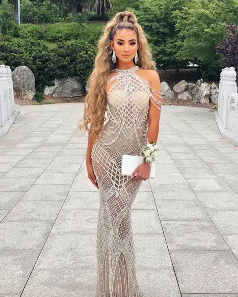 Portia and Scarlett Lilly Audrey Couture Gown Silver Crystal Beaded Size 12 for rent on The Volte - main image