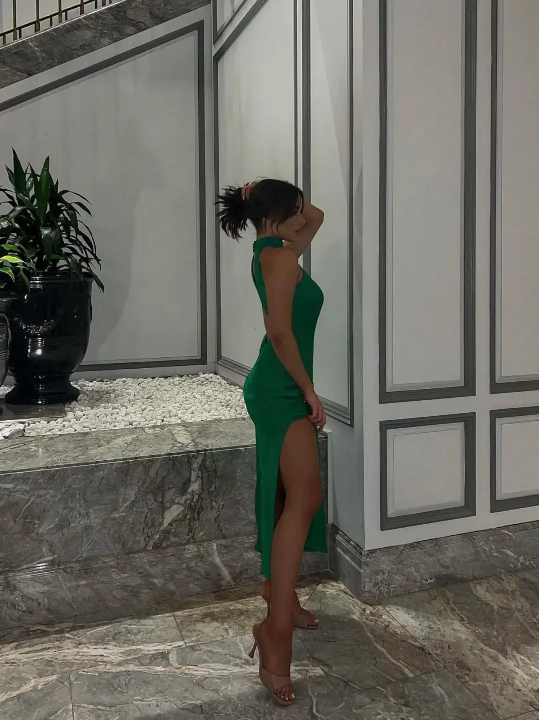 Meshki Claire Satin Drape Back Maxi Dress Green Size 8 for rent on The Volte - main image