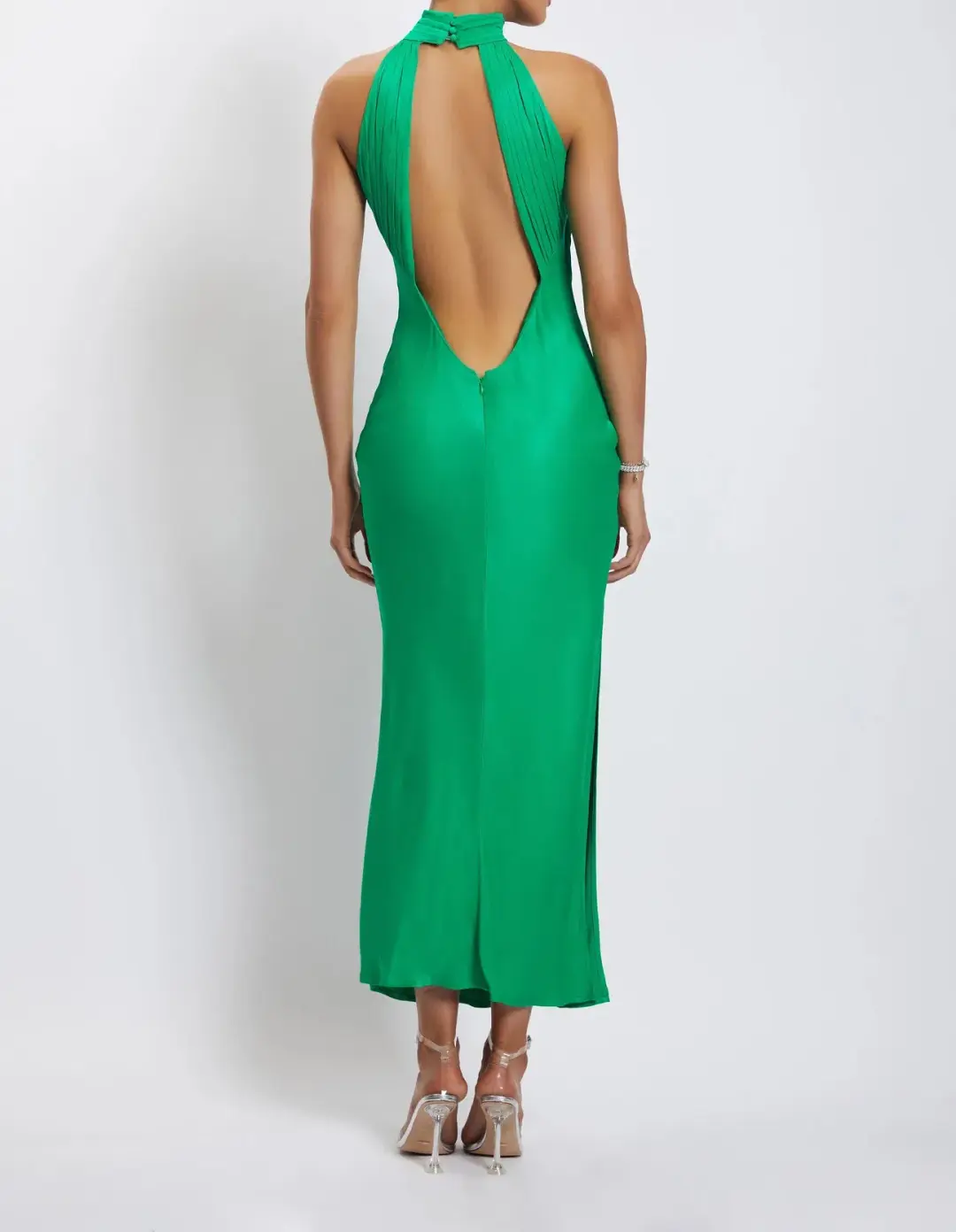 Meshki Claire Satin Drape Back Maxi Dress Green Size 8 for rent on The Volte - main image