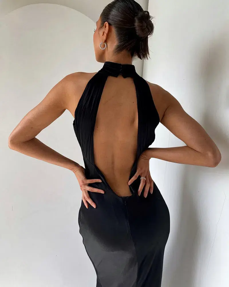 Meshki Claire Satin Drape Back Maxi Dress Black Size 8 for rent on The Volte - main image