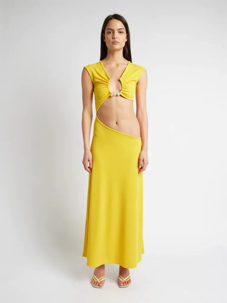 Christopher Esber The Quartz Disconnect Torso Cap Sleeve Dress Yellow Size 6 for rent on The Volte - main image