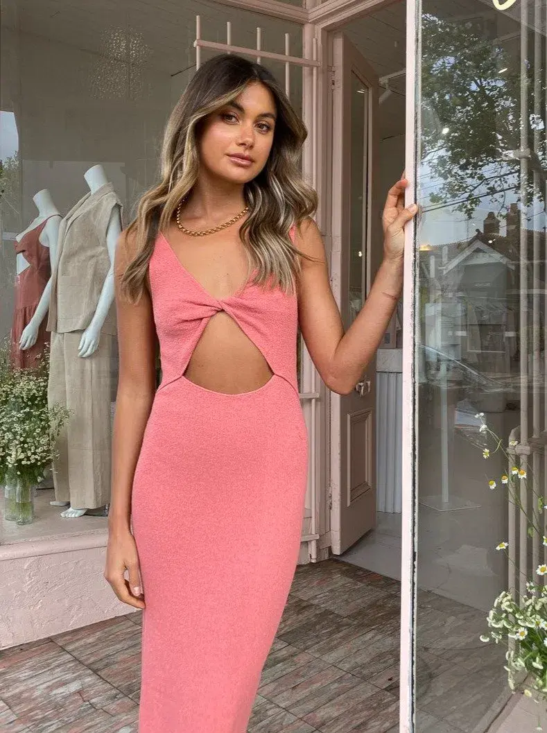 Bec & Bridge Oasis Knit Twist Midi Dress Salmon Size 6 for rent on The Volte - main image