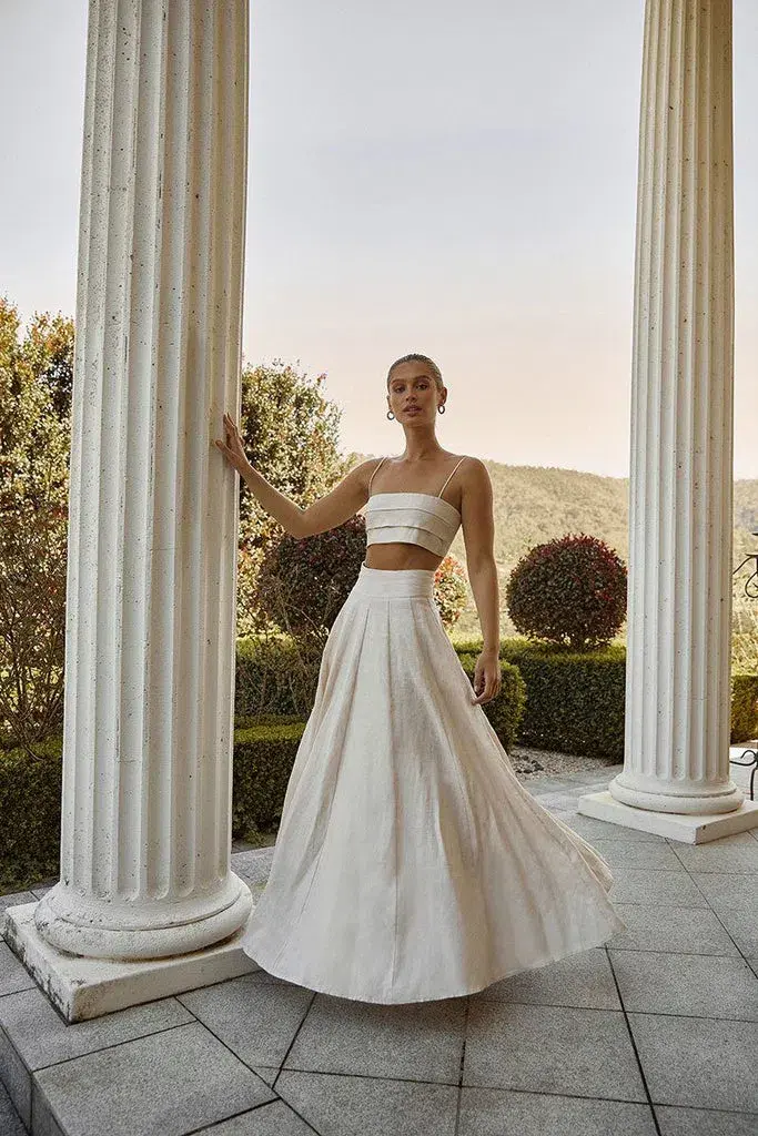 Dissh Aisle Pearl Linen Pleated Crop Top Cream Size 14 for rent on The Volte - main image