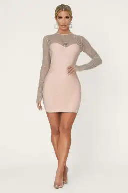 Meshki Shanese Long Sleeve Diamante Mini Dress Nude Size S for rent on The Volte - image 1