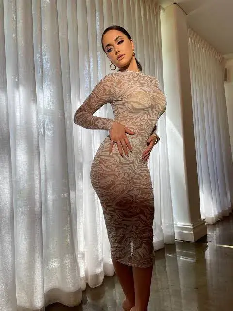 Meshki Bonnie Mesh Long Sleeve Midi Dress Retrograde Print Size 6 for rent on The Volte - main image