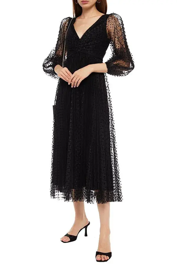 Zimmermann Lucky Pleated Flocked Tulle Midi Dress Black Size 1 / Au 10 for rent on The Volte - main image