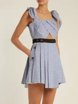 Self Portrait Tie Shoulder Striped Cotton Mini Dress Print Size 6 for rent on The Volte - image 1