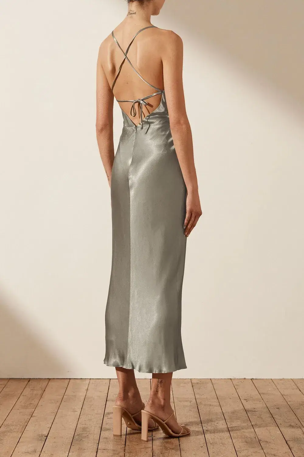 Shona Joy La Lune Asymmetrical Bias Cowl Midi Dress Sage Green Size 6 for rent on The Volte - main image