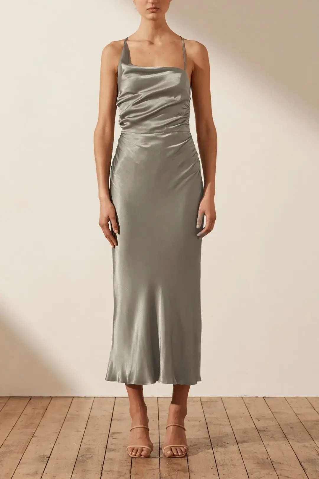 Shona Joy La Lune Asymmetrical Bias Cowl Midi Dress Sage Green Size 6 for rent on The Volte - main image