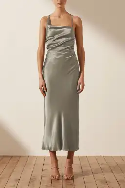Shona Joy La Lune Asymmetrical Bias Cowl Midi Dress Sage Green Size 6 for rent on The Volte - image 1