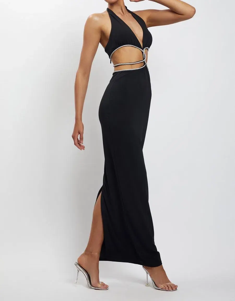 Meshki Nicha Diamante Cut Out Midi Dress Black Size XS for rent on The Volte - main image