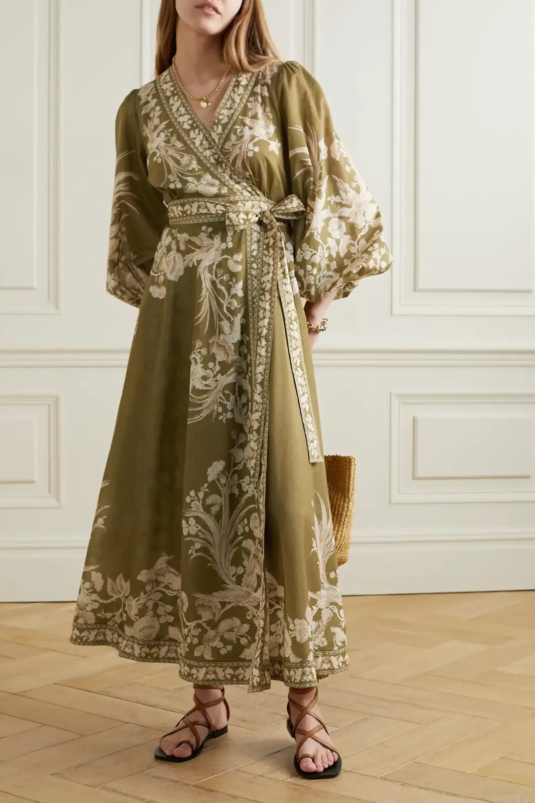 Zimmermann Anneke Avian print Cotton Voile Wrap Dress Brown Size 12 for rent on The Volte - main image