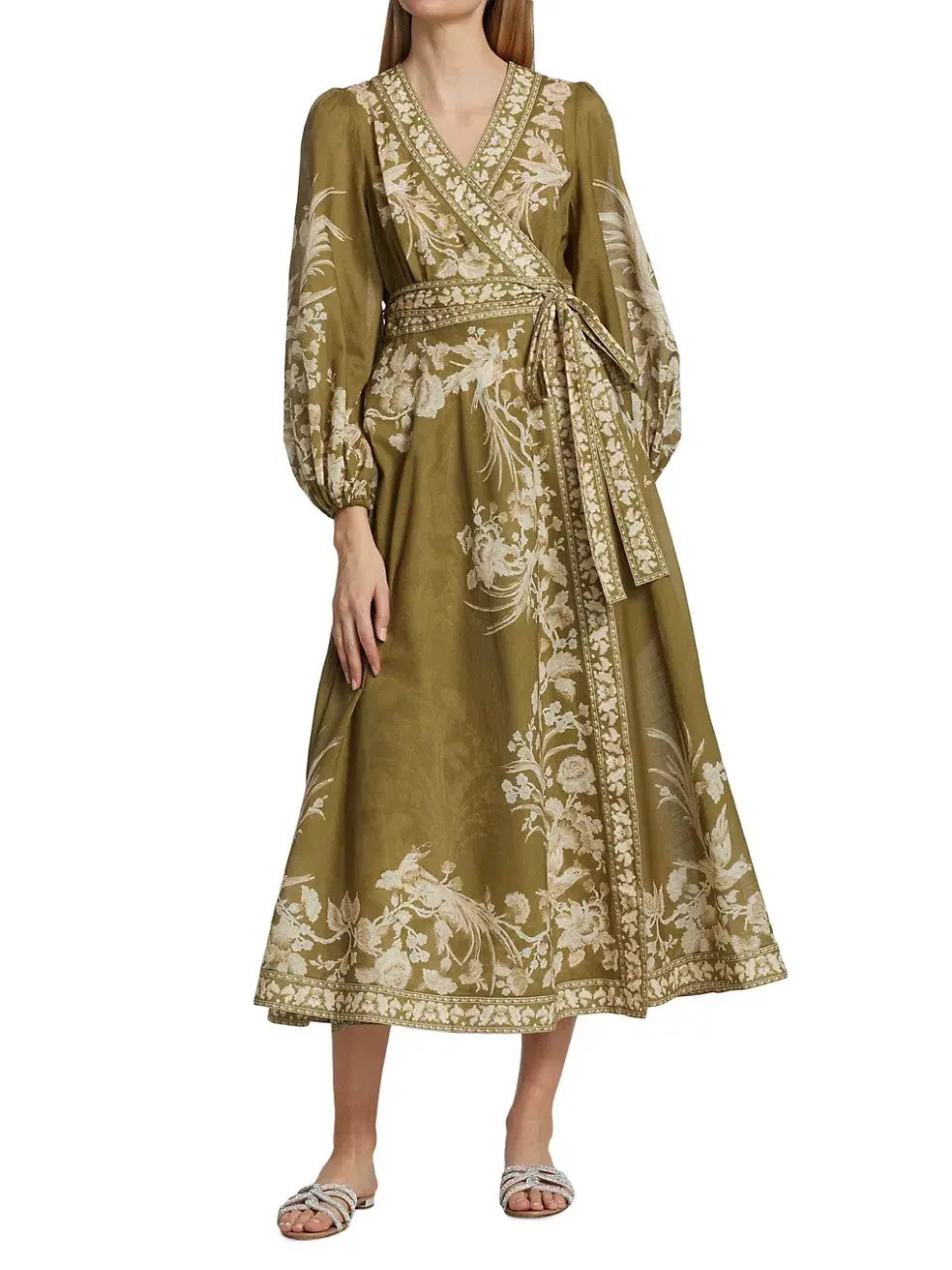 Zimmermann Anneke Avian print Cotton Voile Wrap Dress Brown Size 12 for rent on The Volte - main image