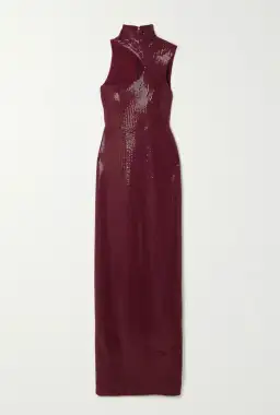 Yara Sequined Jersey Turtleneck Maxi Dress Burgundy Size 12