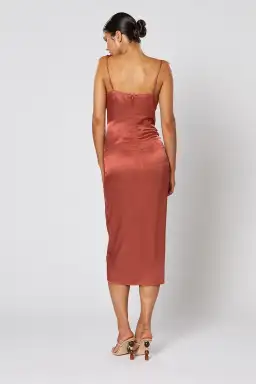 Winona Cara Asymmetric Satin Midi Dress in Copper Brown Size XS