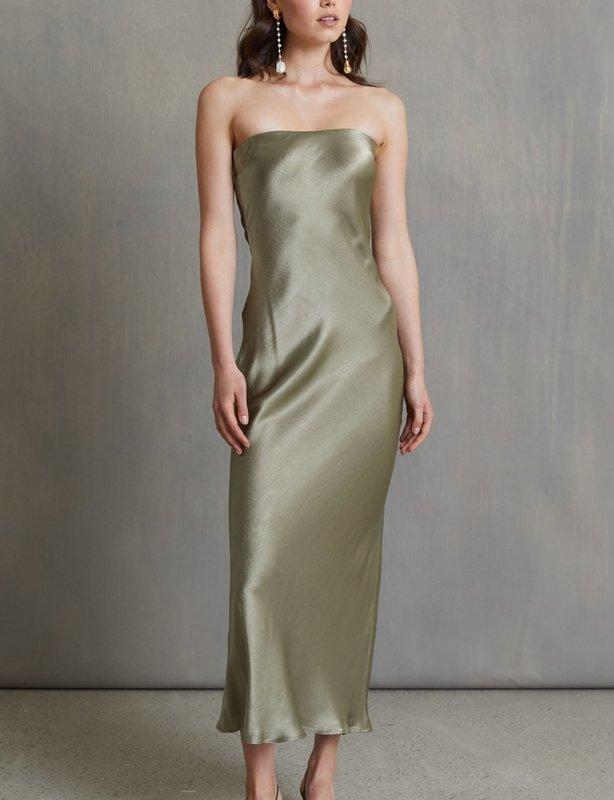 Bec & Bridge Moon Dance Strapless Midi Dress Sage Green Size 8 for rent on The Volte - main image