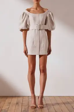 Shona Joy Hamilton Off Shoulder Fitted Mini Dress Beige Size 12