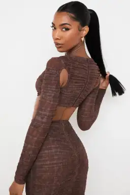 House of CB Blythe Chocolate Print Ruched Mesh Cut Out Cropped Top & Laverne Chocolate Print Ruched Maxi Skirt Brown Size 6