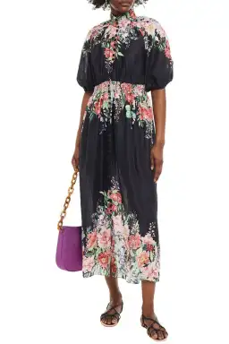 Zimmermann Bellitude Shirred Waist Midi Dress in Dark Navy Floral Size 0 / AU 8 for rent on The Volte - image 3