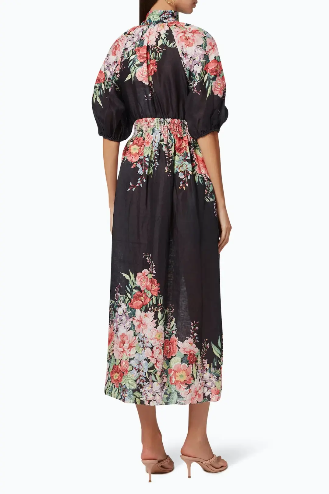 Zimmermann Bellitude Shirred Waist Midi Dress in Dark Navy Floral Size 0 / AU 8 for rent on The Volte - main image