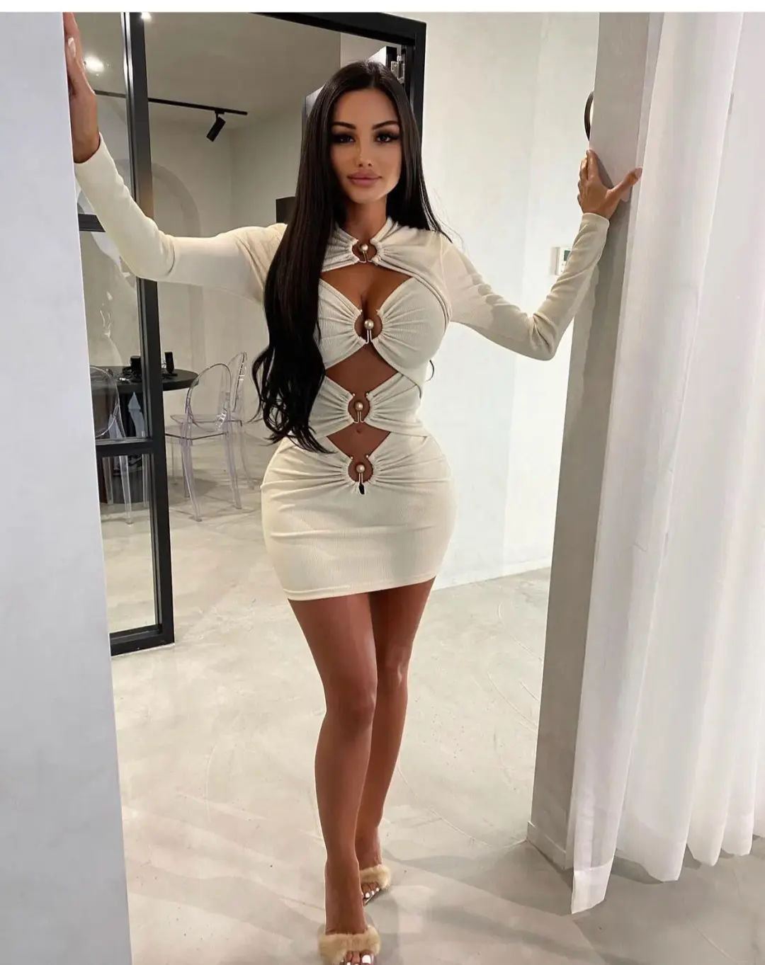 Christopher Esber Ruched Column Long sleeve mini dress Cream for rent on The Volte - main image