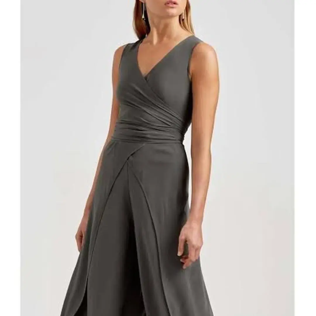 Scanlan Theodore Silk Wrap Jumpsuit Khaki Green Size 8 for rent on The Volte - main image