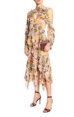 Nicholas Cold-shoulder ruffled floral-print silk crepe de chine midi dress