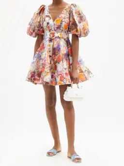 Zimmermann Prima Balloon Sleeve Belted Mini Dress Print Size 10