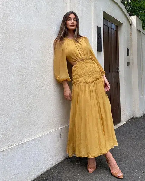 Shona Joy Iris Cut Out Backless Midi Dress Saffron Yellow Size 10 for rent on The Volte - main image