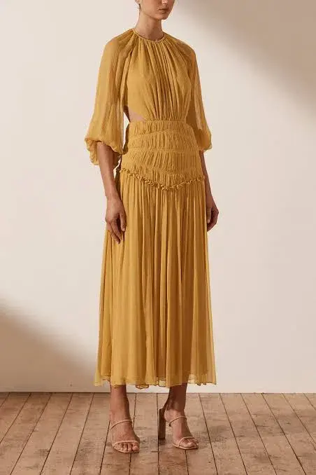 Shona Joy Iris Cut Out Backless Midi Dress Saffron Yellow Size 10 for rent on The Volte - main image