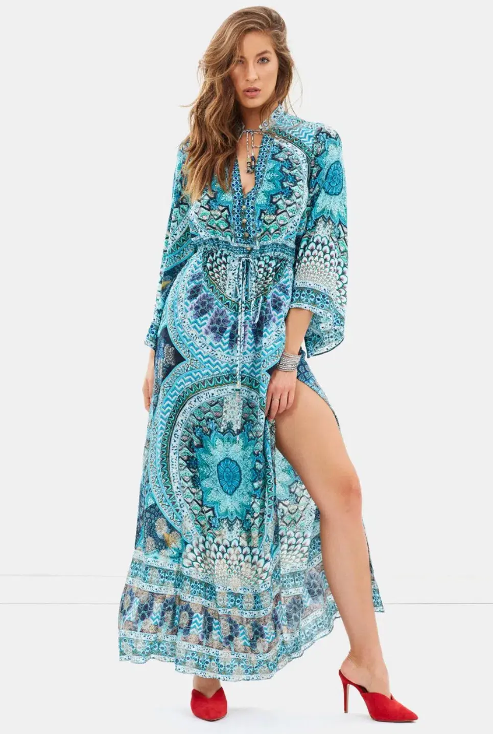Camilla Drawstring Button Up Dress Turn On The Charm Print Size L for rent on The Volte - main image