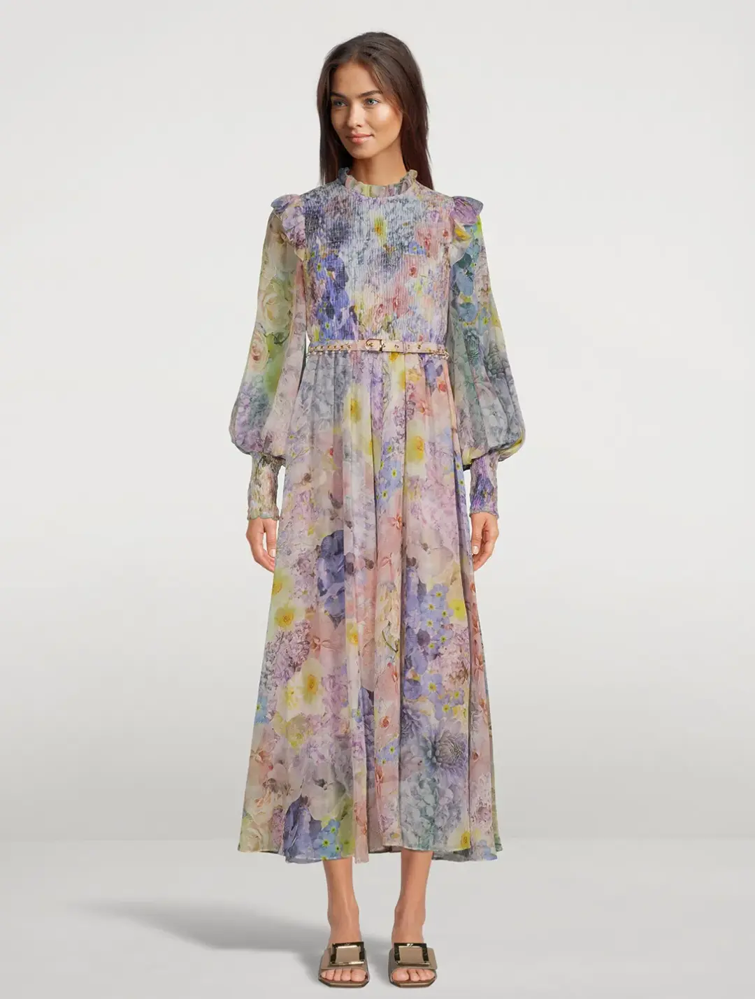 Zimmermann Rhythmic Shirred Midi Dress Floral Size 1 / Au 10 for rent on The Volte - main image