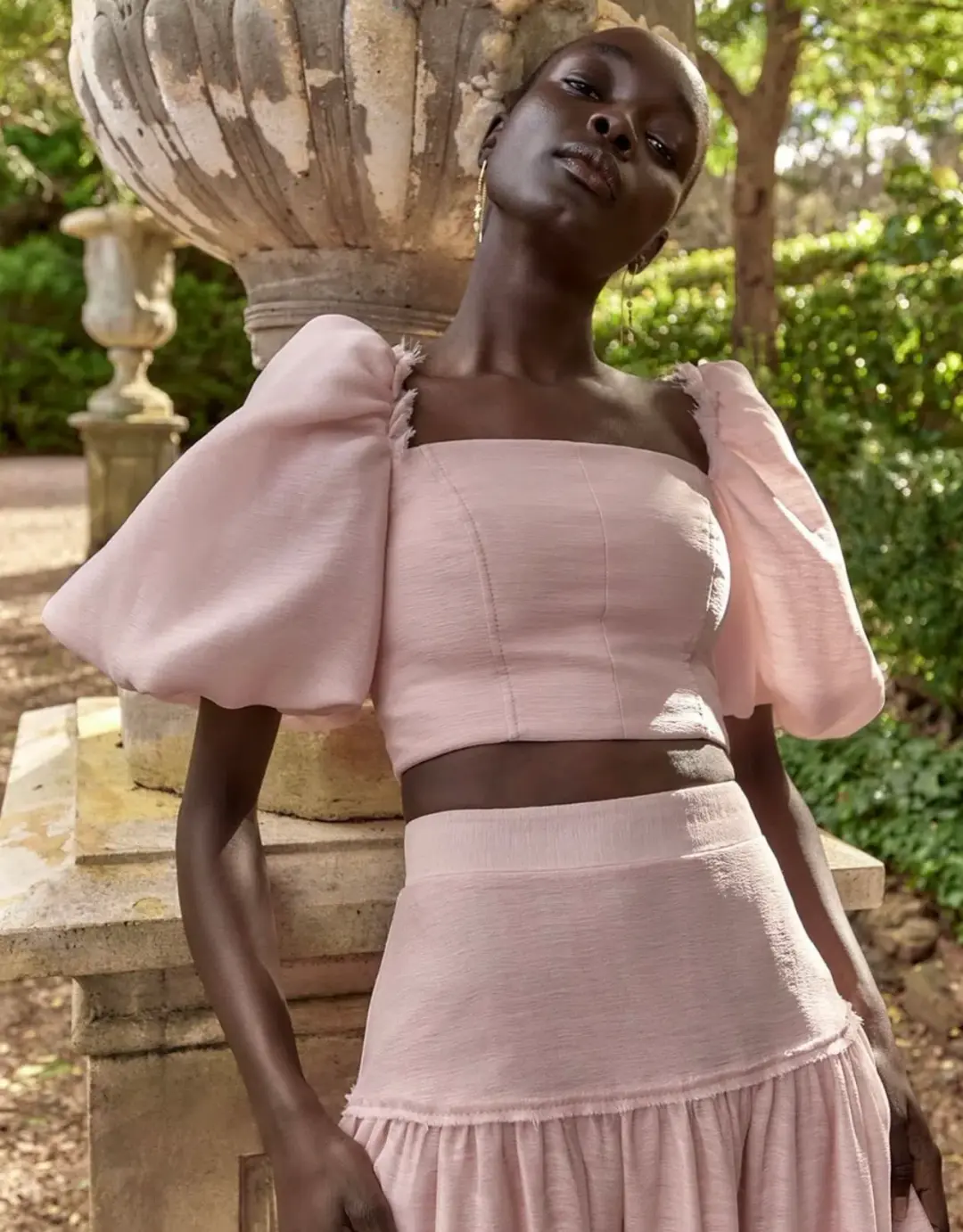 Aje Esme Puff Sleeve Cropped Top and Imprint Maxi Skirt Set Dusty Pink Size 8 for rent on The Volte - main image