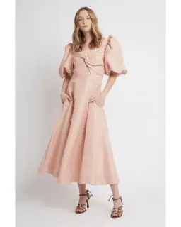 Aje Dusk Knot Puff Sleeve Midi Dress Blush Size 8