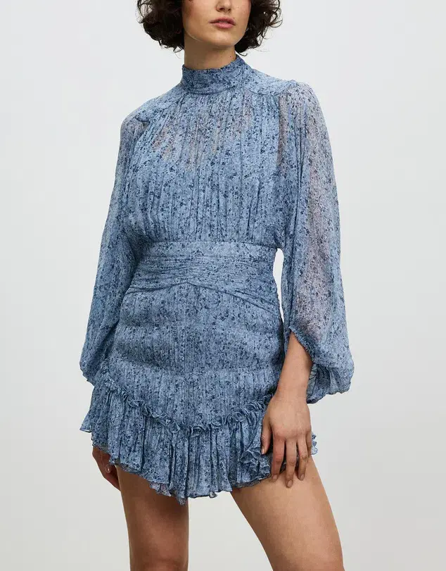 Shona Joy Harmony High Neck Ruched Mini Dress Blue Size 10 for rent on The Volte - main image