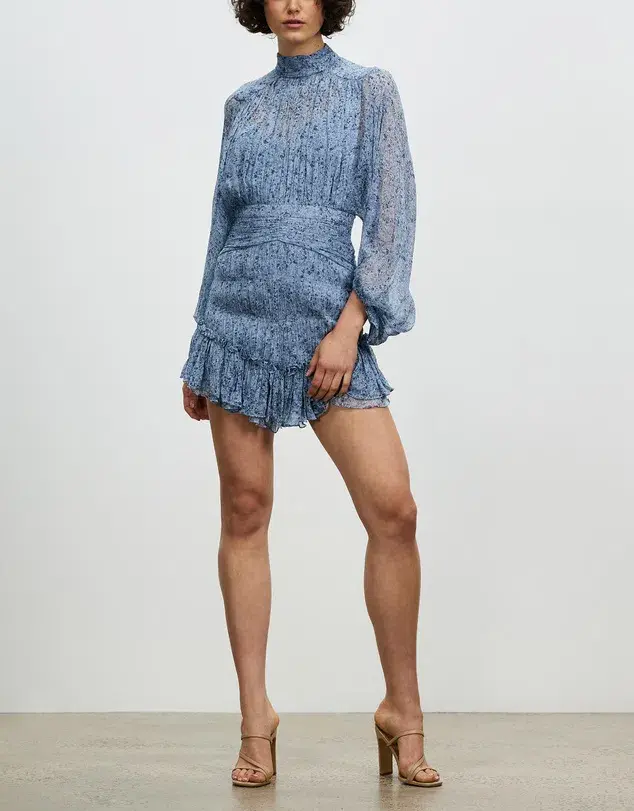 Shona Joy Harmony High Neck Ruched Mini Dress Blue Size 10 for rent on The Volte - main image