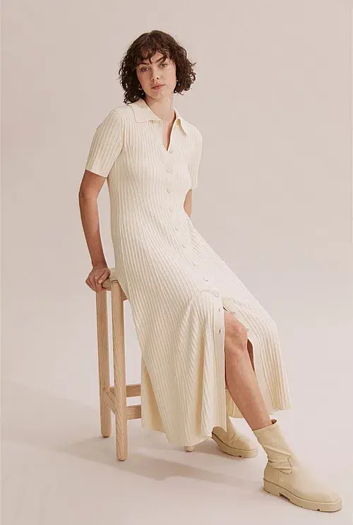 Country Road Button Through Knit Midi Dress Cream Size XXS / Au 4 for rent on The Volte - main image