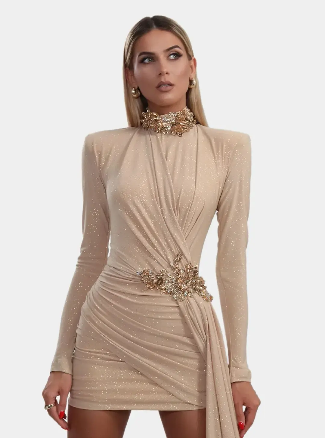 Albina Dyla Nude Stretch Shimmer Short Dress Size 12 for rent on The Volte - main image