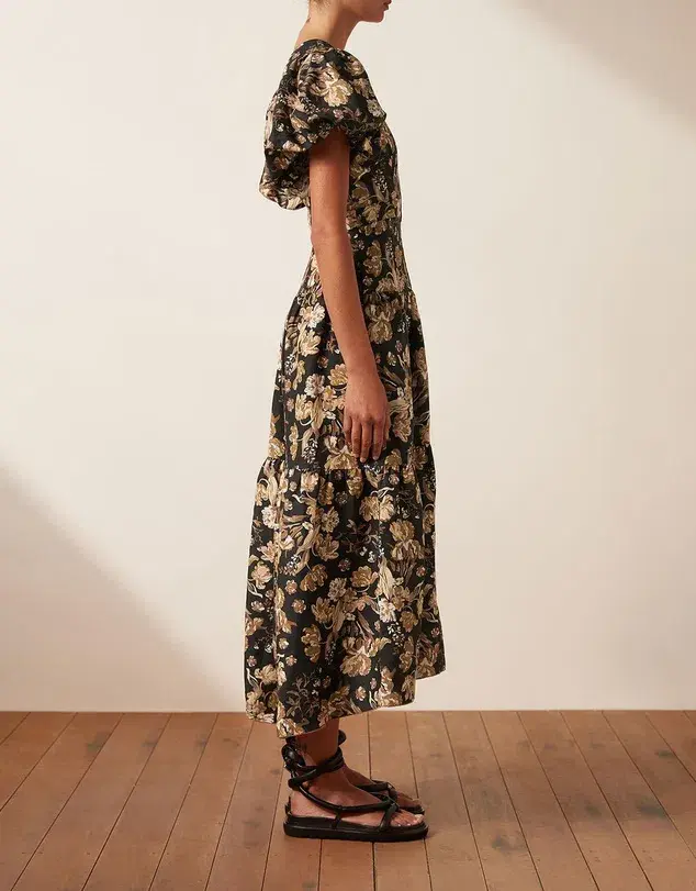 Shona Joy Palermo Linen Plunged Short Sleeve Midi Dress Print Size 8 for rent on The Volte - main image