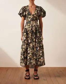 Shona Joy Palermo Linen Plunged Short Sleeve Midi Dress Print Size 8 for rent on The Volte - image 1