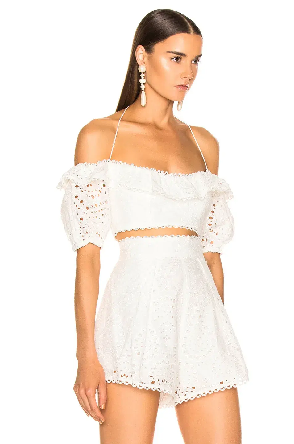 Zimmermann Heathers Off Shoulder Top and High Waisted Short Set Ivory Size 0 / AU 8 for rent on The Volte - main image
