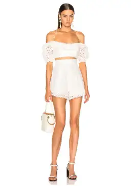 Zimmermann Heathers Off Shoulder Top and High Waisted Short Set Ivory Size 0 / AU 8 for rent on The Volte - image 1