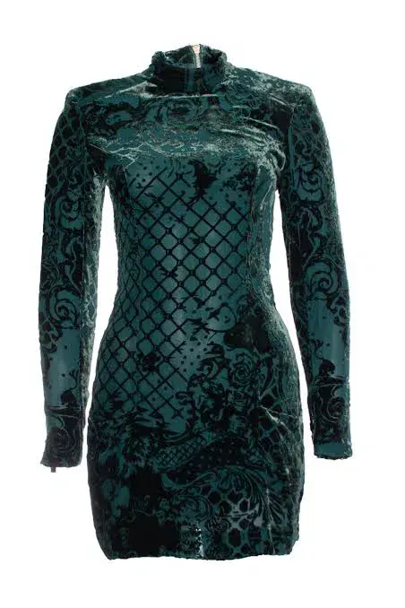 Balmain x H&M Velvet Mini Dress Green Size 8 for rent on The Volte - main image