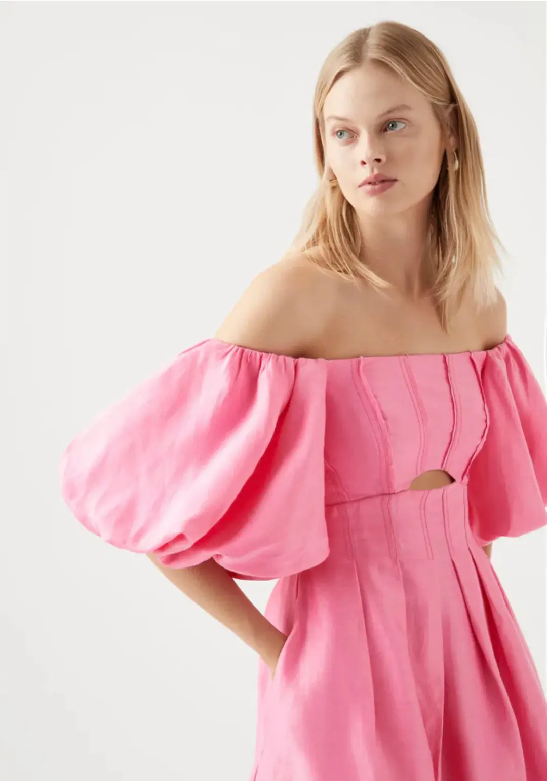 Aje Eugenia Off Shoulder Midi Dress Pink Size AU 12 for rent on The Volte - main image