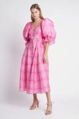 Aje Bungalow Puff Sleeve Midi Pink Check Print Size 10