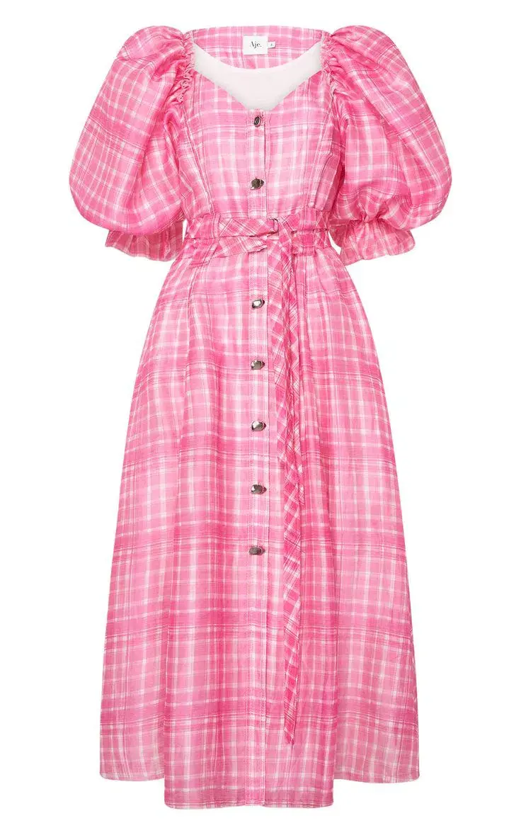 Aje Bungalow Puff Sleeve Midi Pink Check Print Size 10 - Image 5
