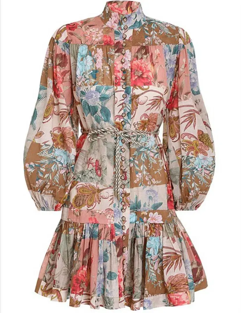 Zimmermann Cassia Drop Waist Mini Dress Patchwork Floral Size 8 for rent on The Volte - main image