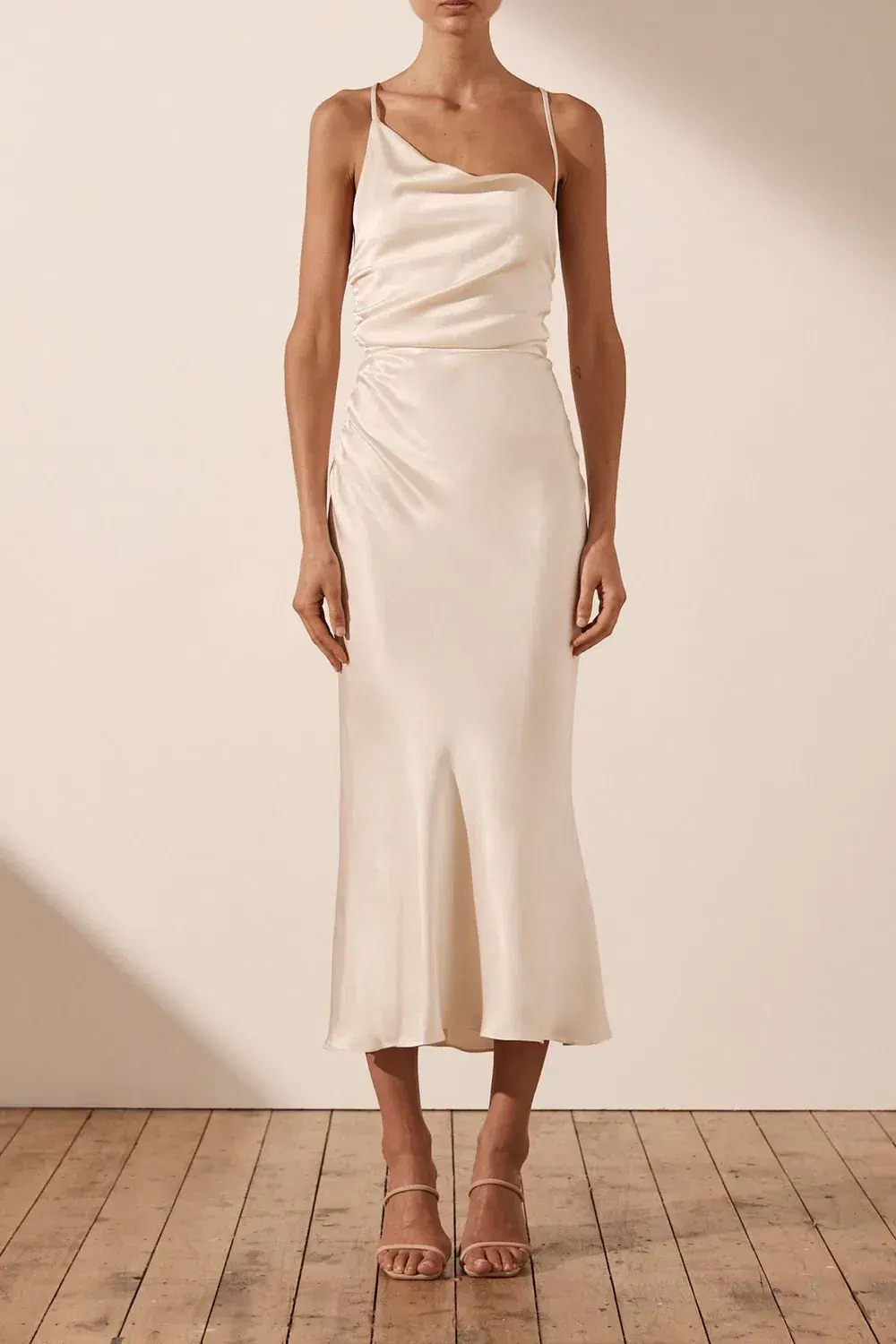 Shona Joy La Lune Asymmetrical Bias Cowl Midi Dress Cream Size 8 for rent on The Volte - main image