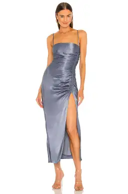 Shona Joy Lily Bias Ruched Midi Dress in Blue Smoke Size 6