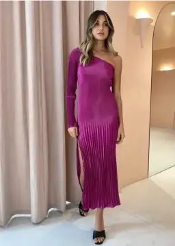 L'Idee Soiree One Shoulder L/S Dress Magenta Size 10